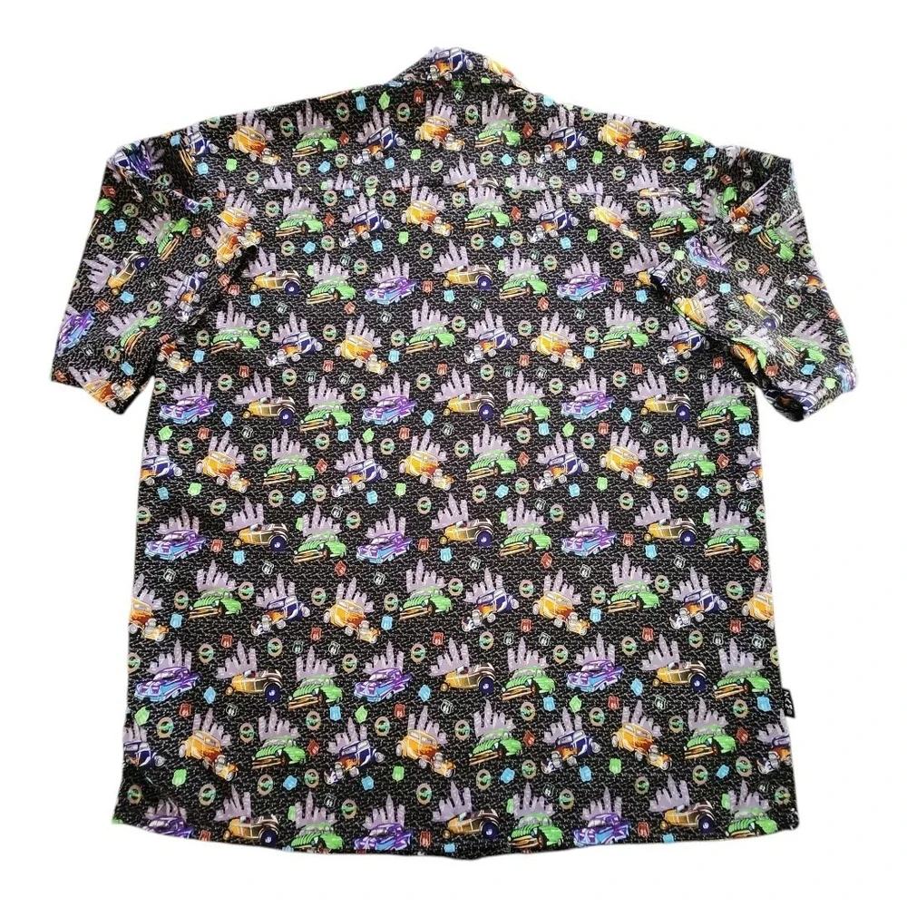 ZAM Short Sleeve Button‎ Up Vintage Black Shirt Size 2XL Cars City Colorful NWOT